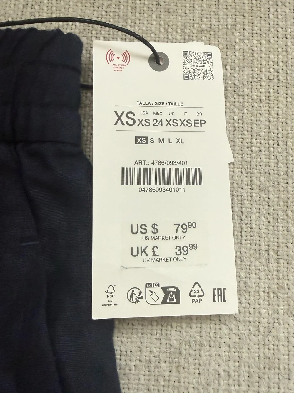Zara Navy Elastic-Waist Wide Leg Linen Pants